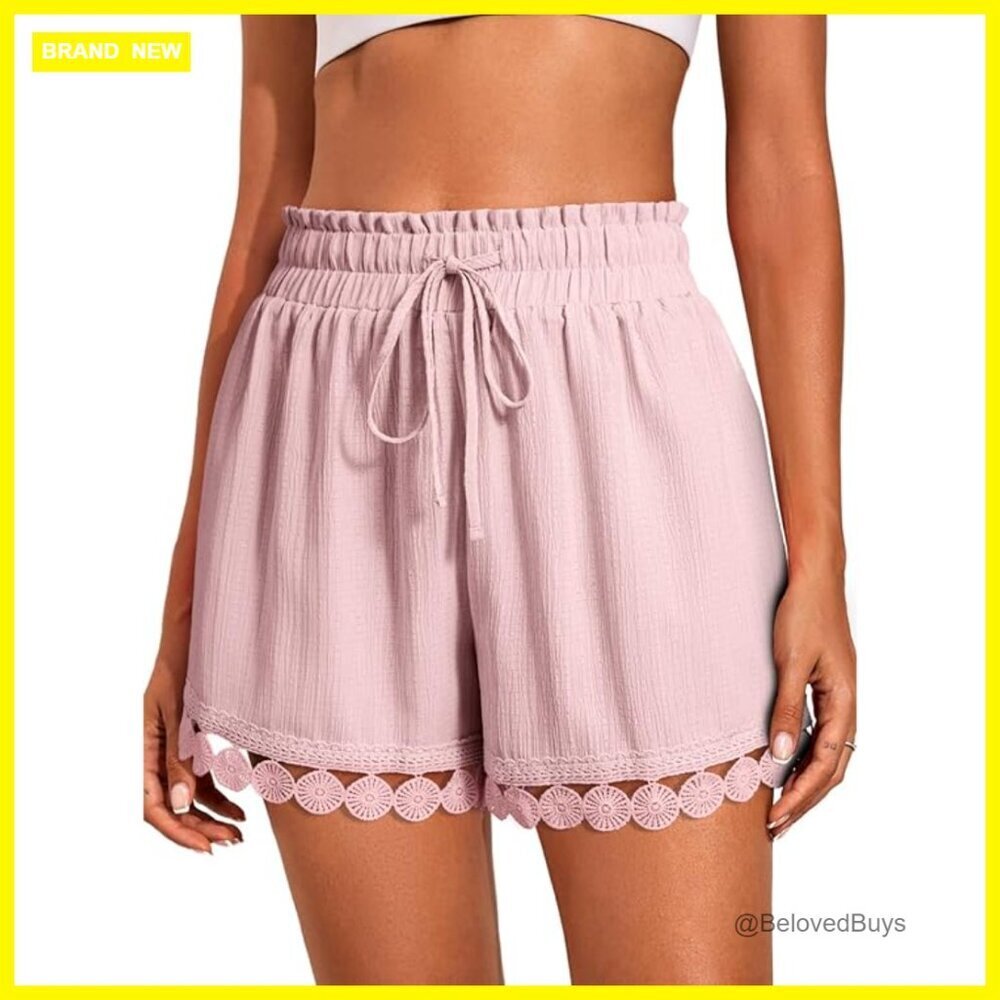 Women's Loose Elastic Waist Drawstring Lace Boho Beach Cover Up Shorts